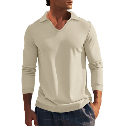 Men's Long Sleeve Shirt with Modern V-Neck and Textured Design Skorter