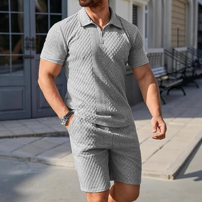 Men's sporty short sleeve set with zipper and knit pattern Skorter