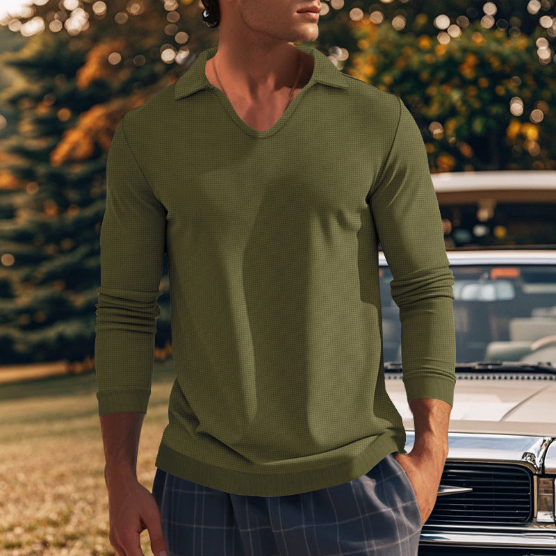 Men's Long Sleeve Shirt with Modern V-Neck and Textured Design Skorter