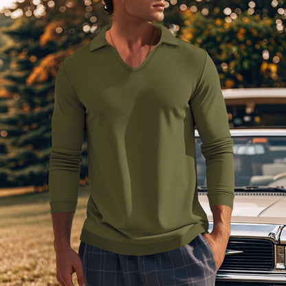 Men's Long Sleeve Shirt with Modern V-Neck and Textured Design Skorter