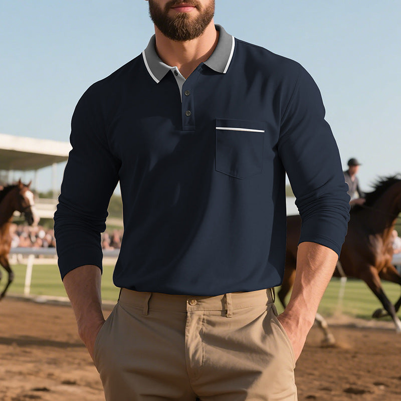 Men's stylish long sleeve polo shirt with textured surface and practical chest pocket Skorter