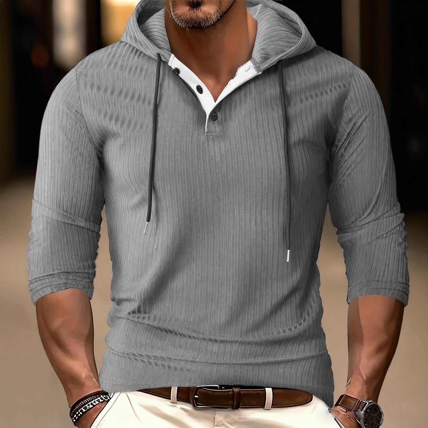 Herrtröja med lång ärm och texturerad yta, sportig hoodie