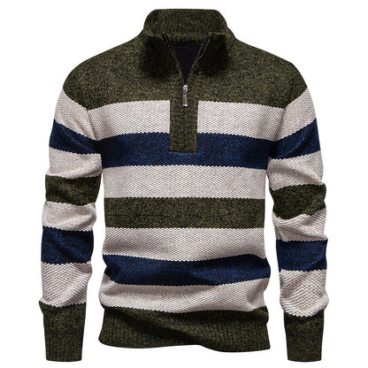 Men's stylish knit sweater with a half-high collar and contrasting stripes Skorter