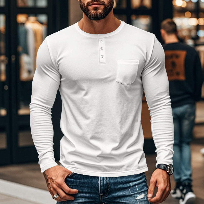 Men's long-sleeved Henley shirt with textured cotton surface and chest pocket Skorter