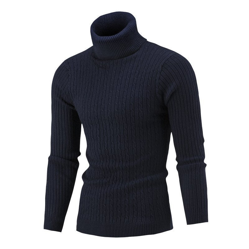 Men's Elegant Knit Sweater with Stand-Up Collar and Fine Cable Knit Pattern Skorter