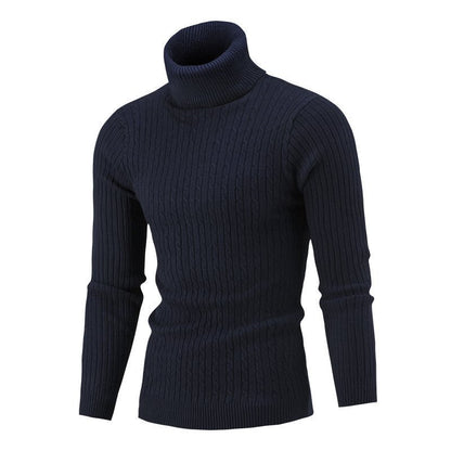 Men's Elegant Knit Sweater with Stand-Up Collar and Fine Cable Knit Pattern Skorter