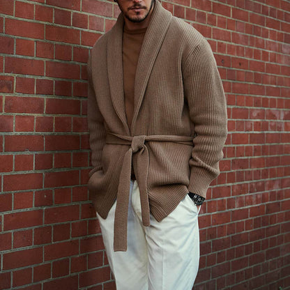 Men's stylish knit cardigan with belt and deep collar Skorter