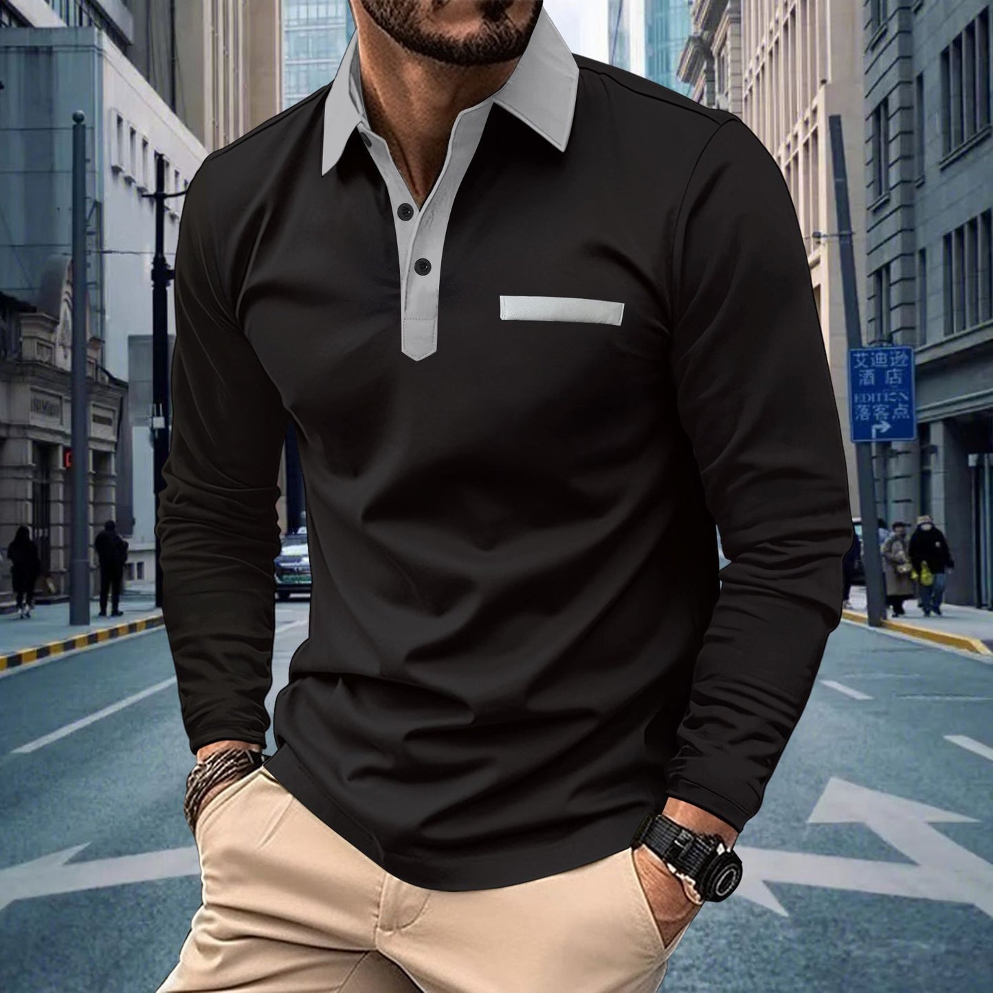 Men's Sporty Long Sleeve Shirt with Contrast Details Skorter