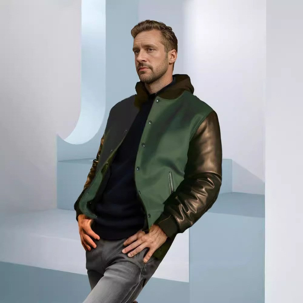 Men's stylish college jacket with leather sleeves Skorter