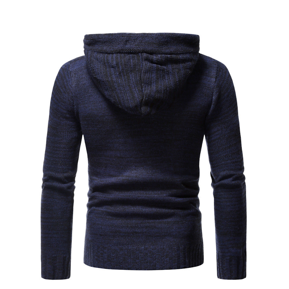 Men's stylish knitted sweater with cozy hood collar and decorative button details Skorter