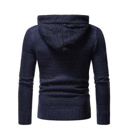 Men's stylish knitted sweater with cozy hood collar and decorative button details Skorter