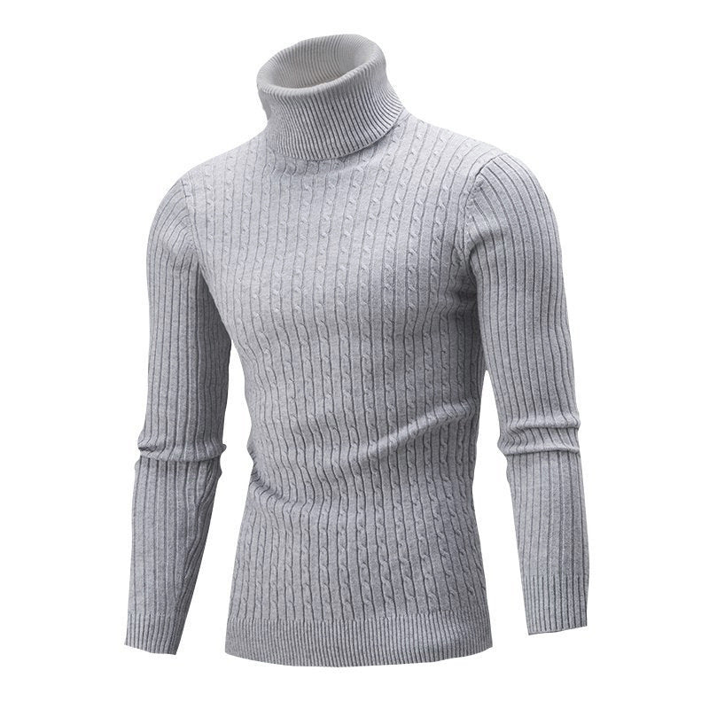 Men's Elegant Knit Sweater with Stand-Up Collar and Fine Cable Knit Pattern Skorter