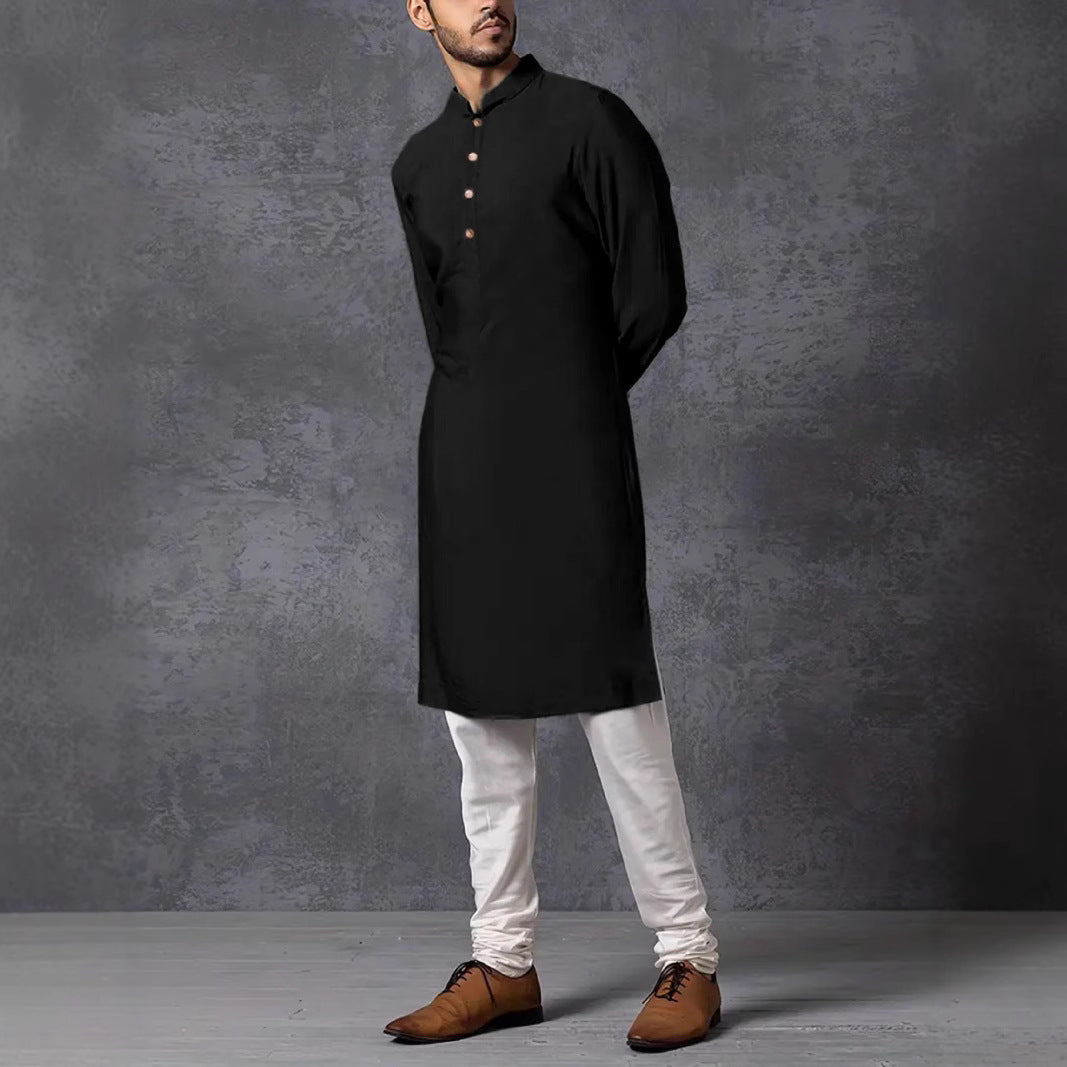 Men's Kurta with a Rising Collar and Decorative Wooden Buttons Skorter