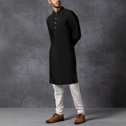 Men's Kurta with a Rising Collar and Decorative Wooden Buttons Skorter