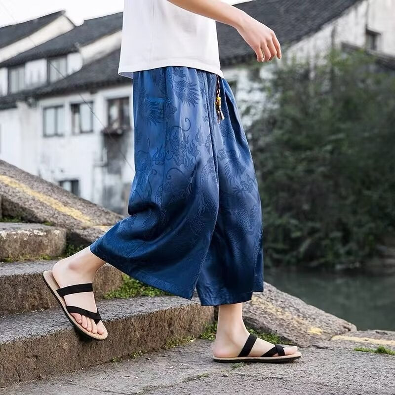 Men's airy harem pants with elegant pattern and elastic waistband Skorter