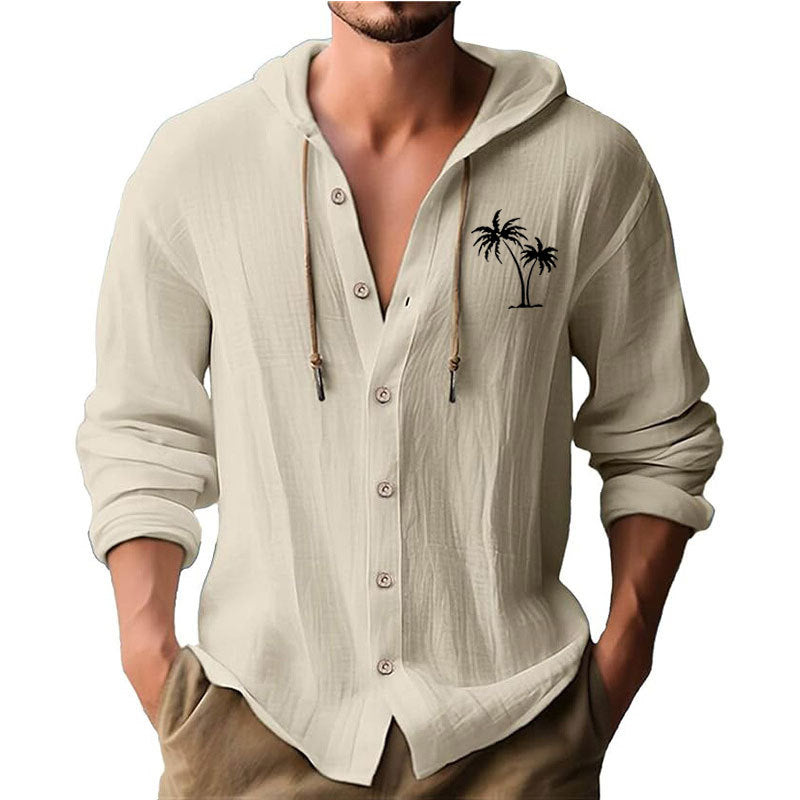 Men's casual hoodie shirt with decorative palm print and button placket Skorter