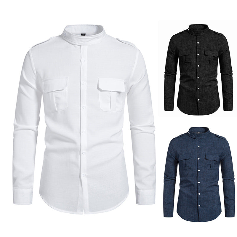 Men's long sleeve shirt with elegant breast pockets and modern stand-up collar Skorter