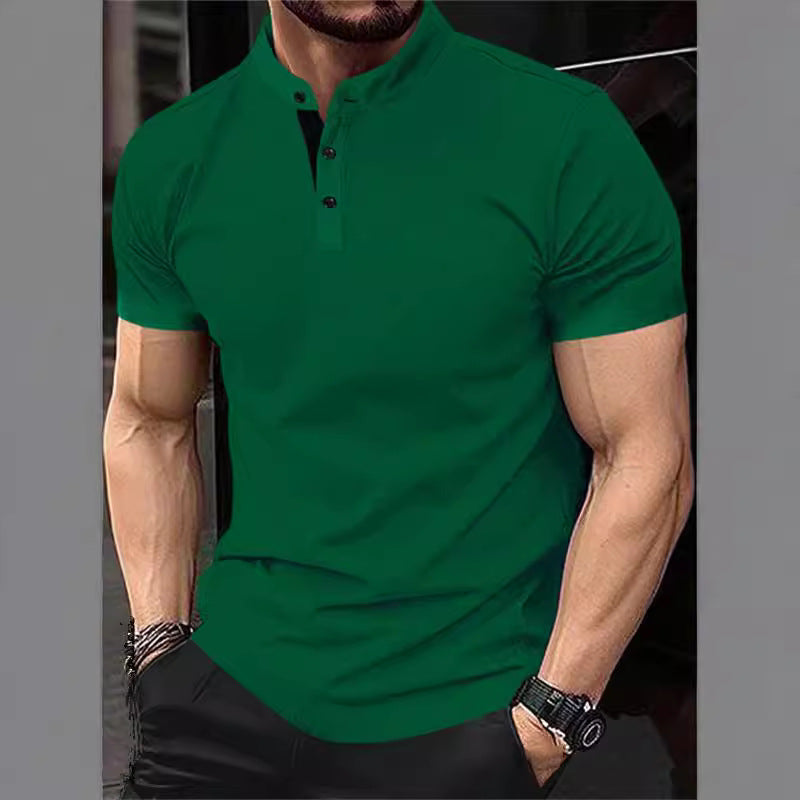 Men's stylish short-sleeve shirt with modern stand-up collar and decorative buttons Skorter