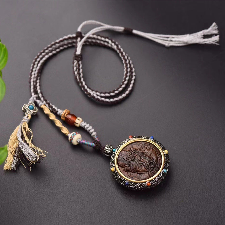 Skorter | Woman Versatile Retro Beauty National Necklace Three-tailed Fox Zhajilam Green Tara Thangka Jewelry