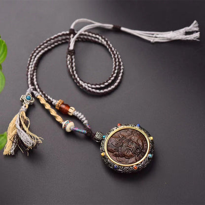 Skorter | Woman Versatile Retro Beauty National Necklace Three-tailed Fox Zhajilam Green Tara Thangka Jewelry