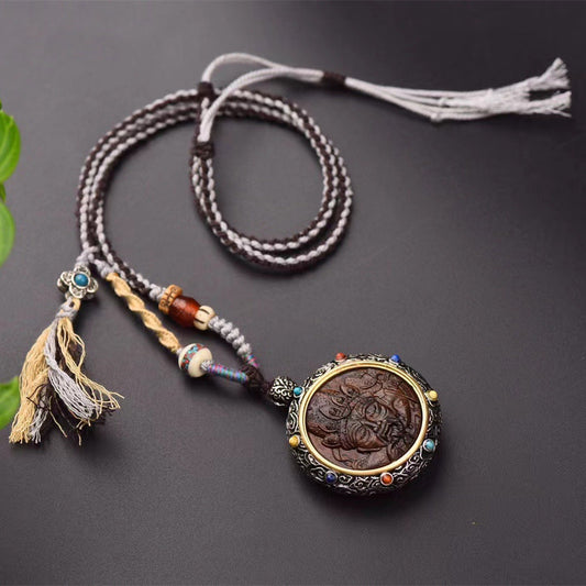Skorter | Woman Versatile Retro Beauty National Necklace Three-tailed Fox Zhajilam Green Tara Thangka Jewelry