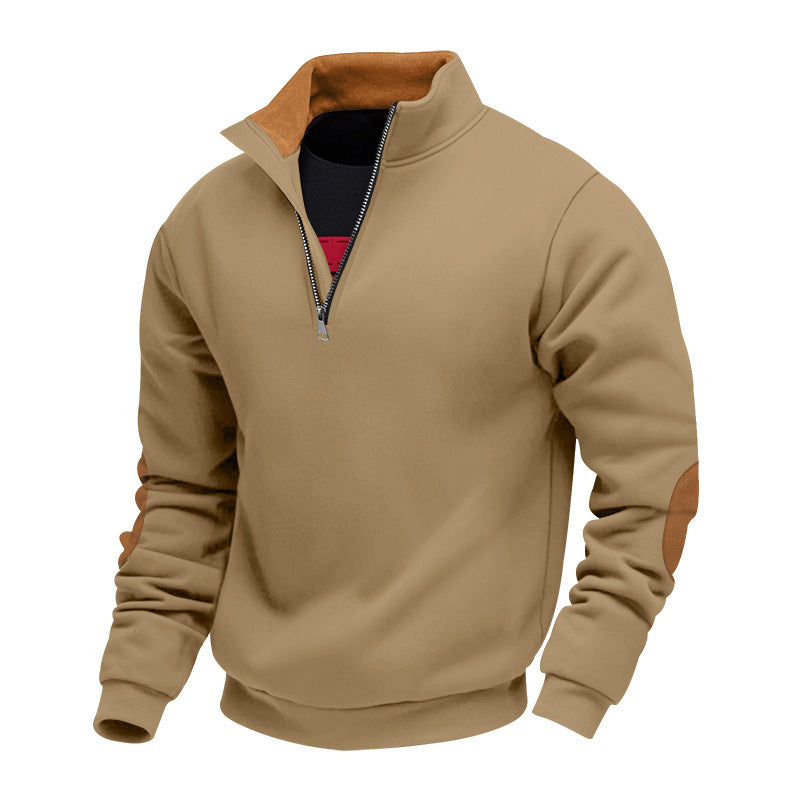 Men's Sporty Stand Collar Sweater with Zipper and Leather Accents Skorter