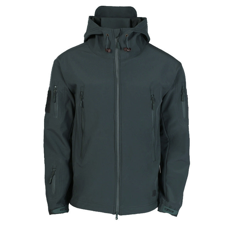 Men's technical softshell jacket with multifunctional pockets and adjustable hood system Skorter
