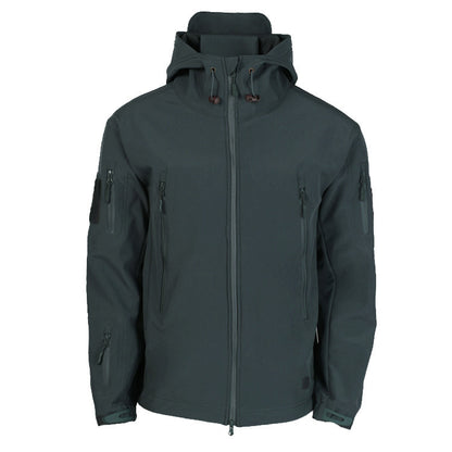 Men's technical softshell jacket with multifunctional pockets and adjustable hood system Skorter