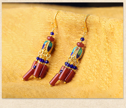 Skorter | Ethnic Style Retro Red Agate Tassel Fashion Sense Earrings
