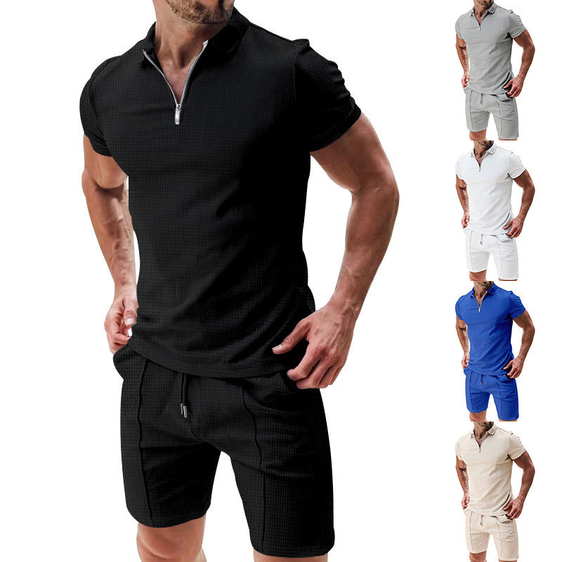 Men's sporty short-sleeve shirt with zipper and matching shorts Skorter