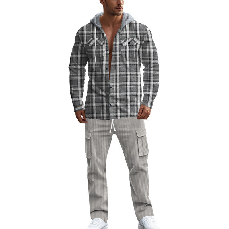 Men's plaid leisure shirt with hood and practical kangaroo pockets Skorter