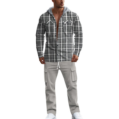 Men's plaid leisure shirt with hood and practical kangaroo pockets Skorter
