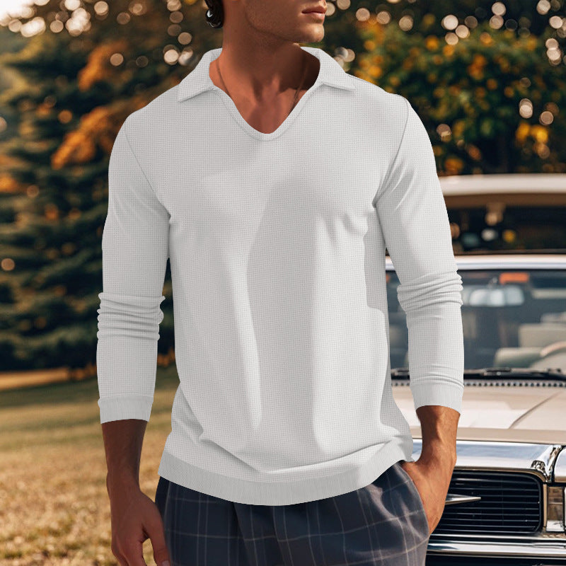 Men's Long Sleeve Shirt with Modern V-Neck and Textured Design Skorter