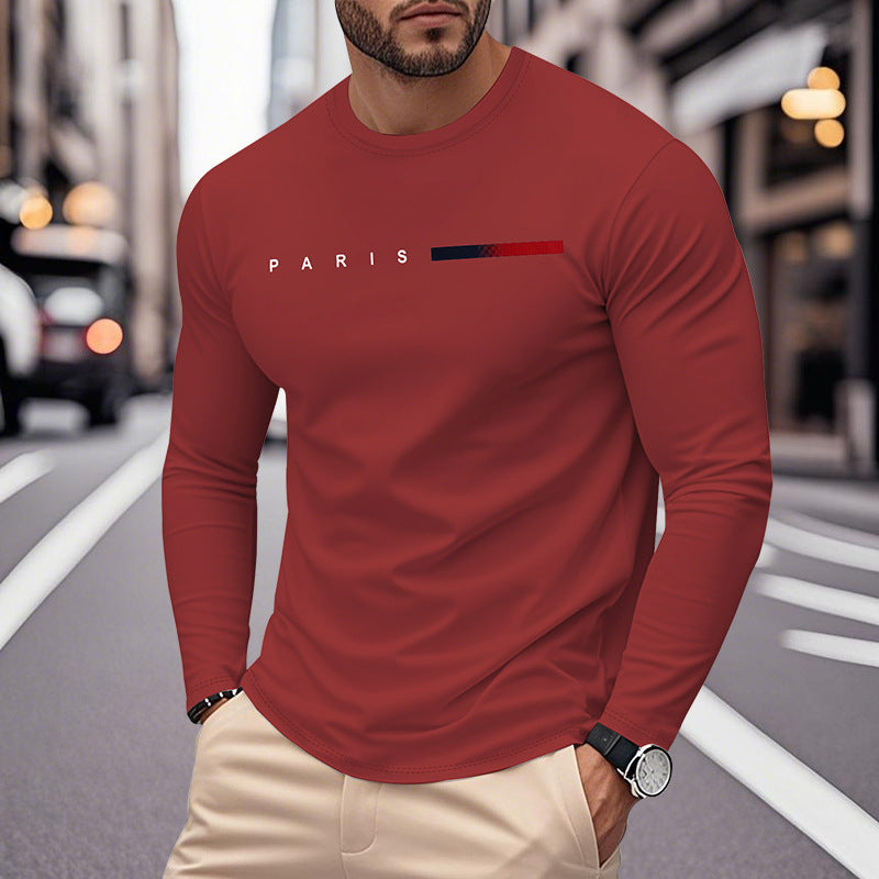 Men's Long Sleeve T-Shirt with Modern Paris Print and Elastic Hem Skorter