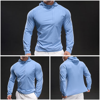 Andningsbar herrträningstopp med huva och dragkedja i fickan Skorter