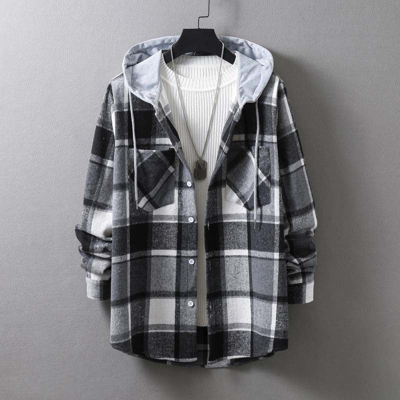 Men's casual check jacket with hood and functional pockets Skorter