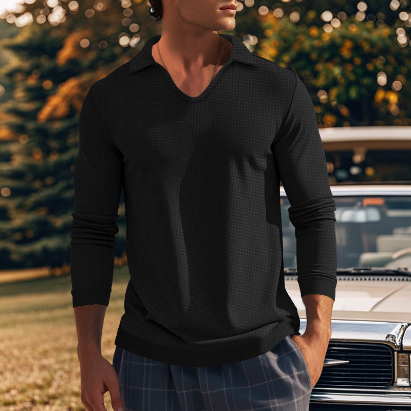 Men's Long Sleeve Shirt with Modern V-Neck and Textured Design Skorter