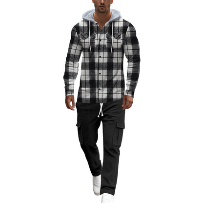 Men's plaid leisure shirt with hood and practical kangaroo pockets Skorter