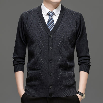 Men's Cardigan with Deep V-Neck and Elegant Diamond Pattern Skorter