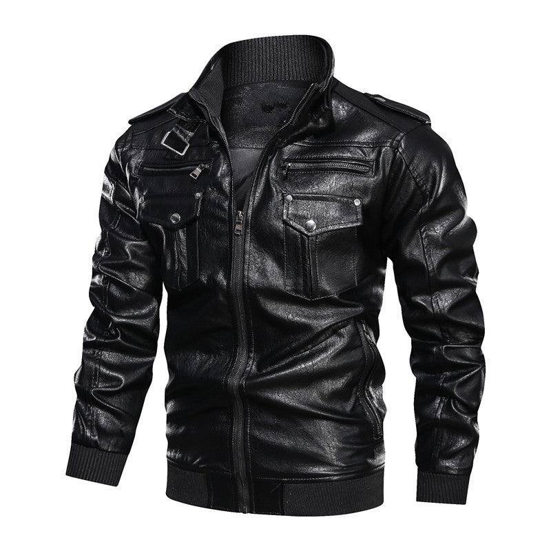 Men's Biker Jacket Made Of Artificial Leather with Numerous Pockets and Stand-Up Collar Skorter