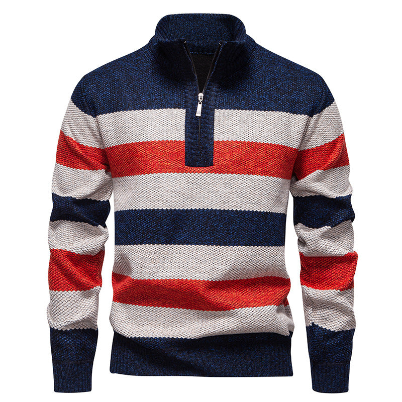Men's stylish knit sweater with a half-high collar and contrasting stripes Skorter