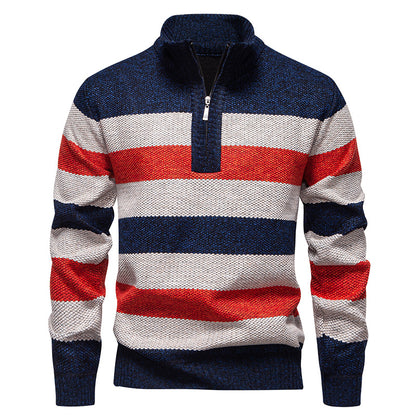 Men's stylish knit sweater with a half-high collar and contrasting stripes Skorter