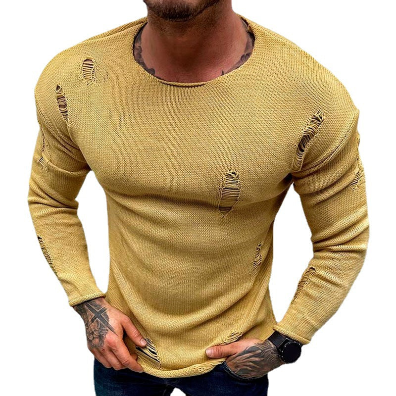 Men's Stylish Round Neck Sweater with Frayed Details Skorter