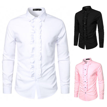 Men's Long Sleeve Shirt with Ruffle Decoration and Elegant Button Details Skorter