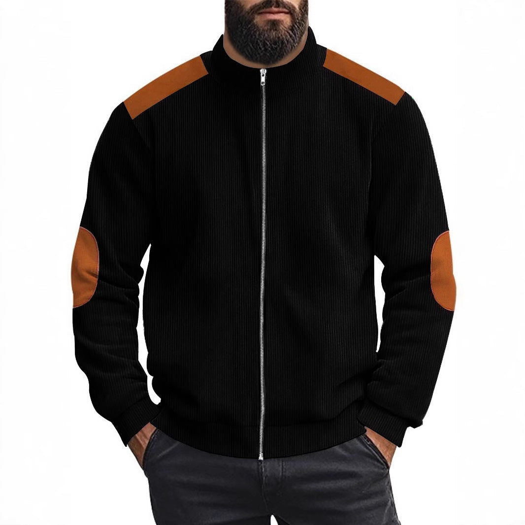 Men's cardigan with modern leather accents and high closed collar Skorter