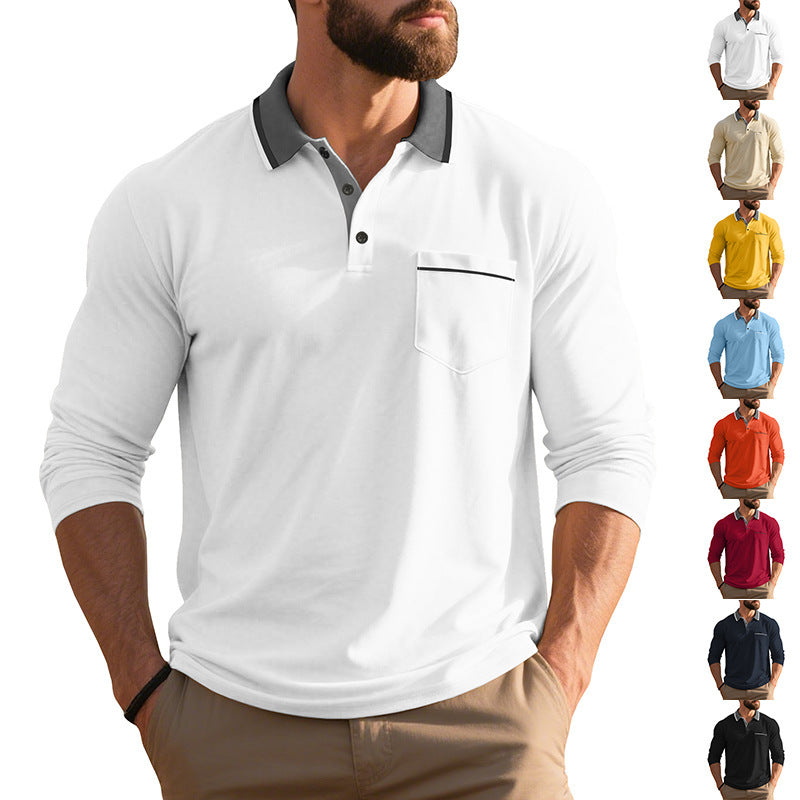 Men's stylish long sleeve polo shirt with textured surface and practical chest pocket Skorter