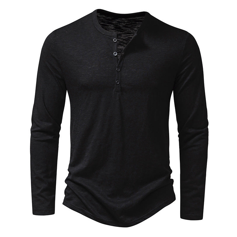 Men's Long Sleeve T-Shirt with Button Placket and Fashionable Stand-up Collar Skorter