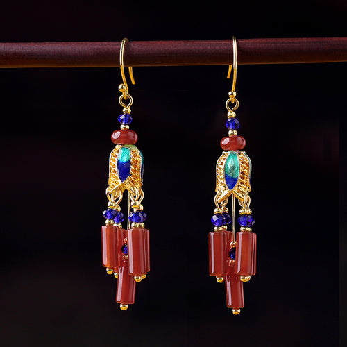 Skorter | Ethnic Style Retro Red Agate Tassel Fashion Sense Earrings