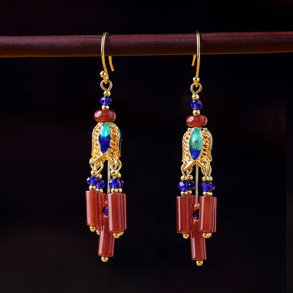 Skorter | Ethnic Style Retro Red Agate Tassel Fashion Sense Earrings