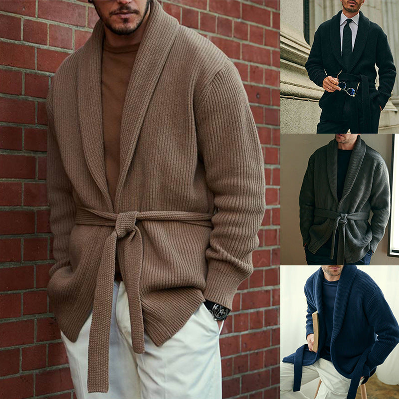 Men's stylish knit cardigan with belt and deep collar Skorter